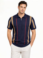 Navy Textured Zip Polo with Statement Stripes