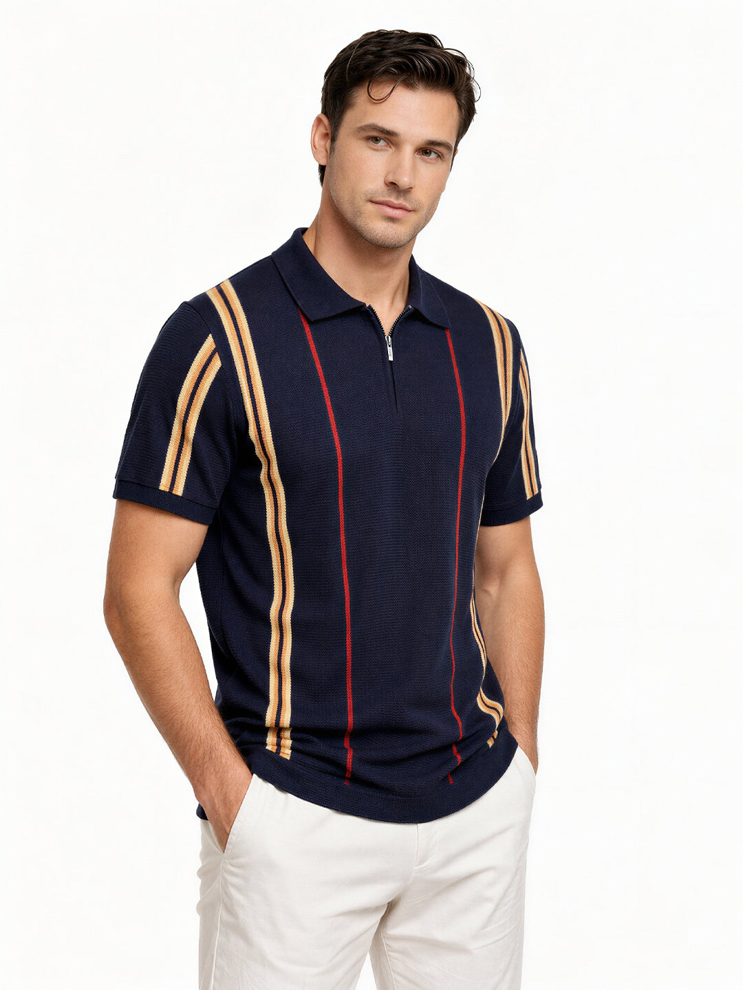 Navy Textured Zip Polo with Statement Stripes