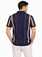 Navy Textured Zip Polo with Statement Stripes