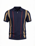 Navy Textured Zip Polo with Statement Stripes