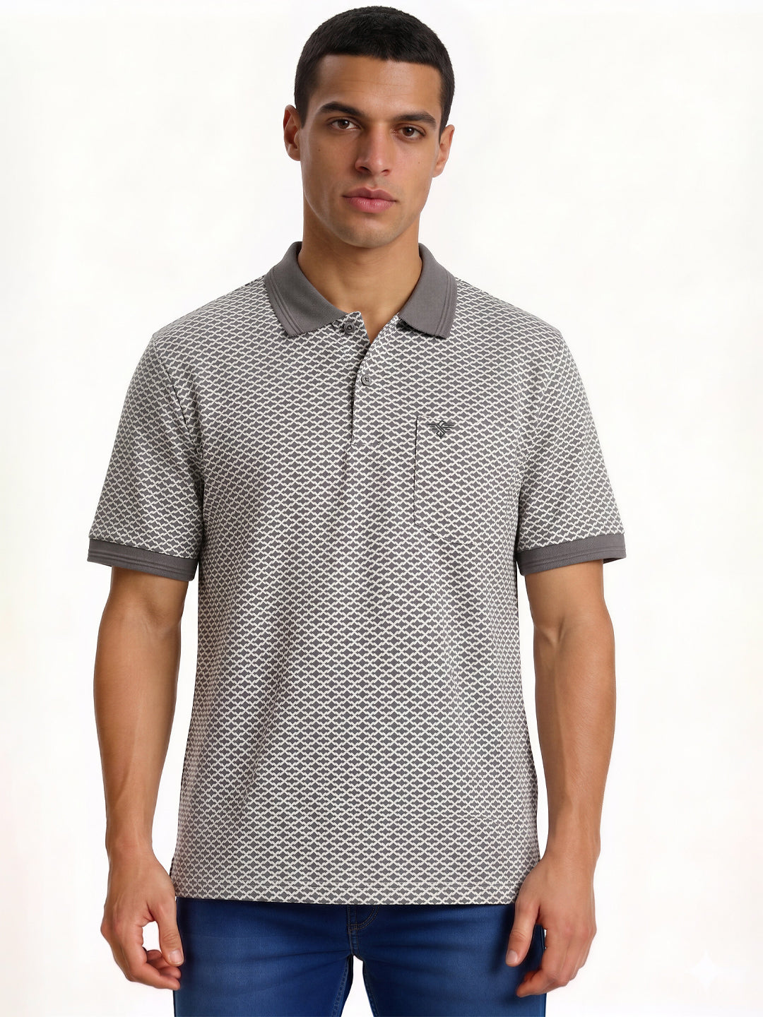Cement Grey Micro-Print Polo with Pocket