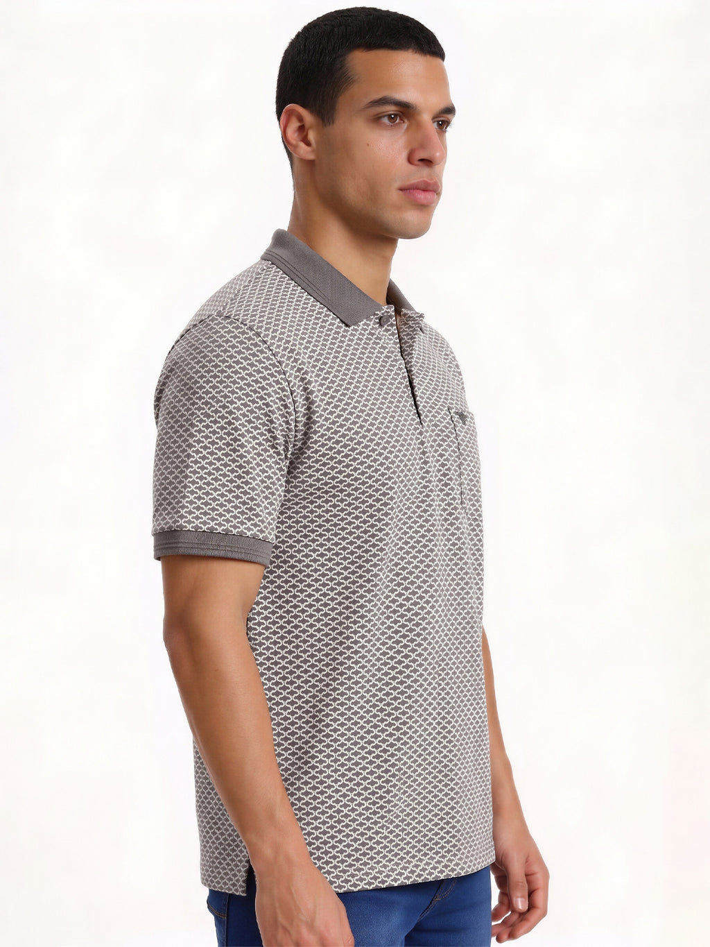 Cement Grey Micro-Print Polo with Pocket