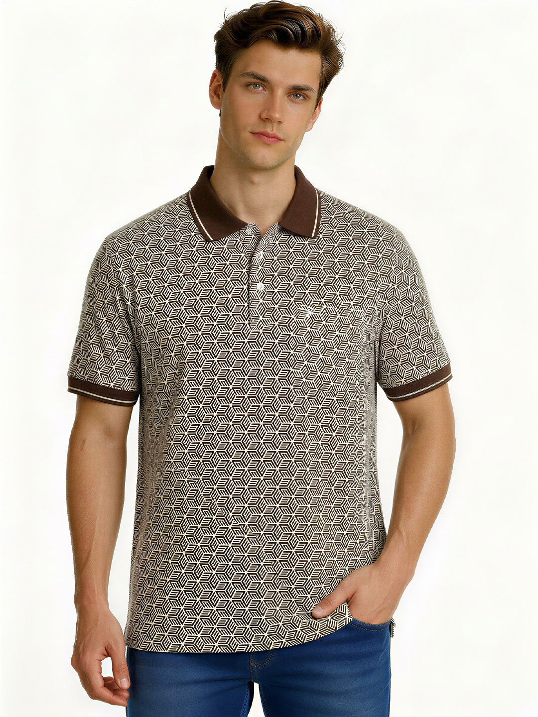 Brown Geometric Print Polo with Pocket Detail