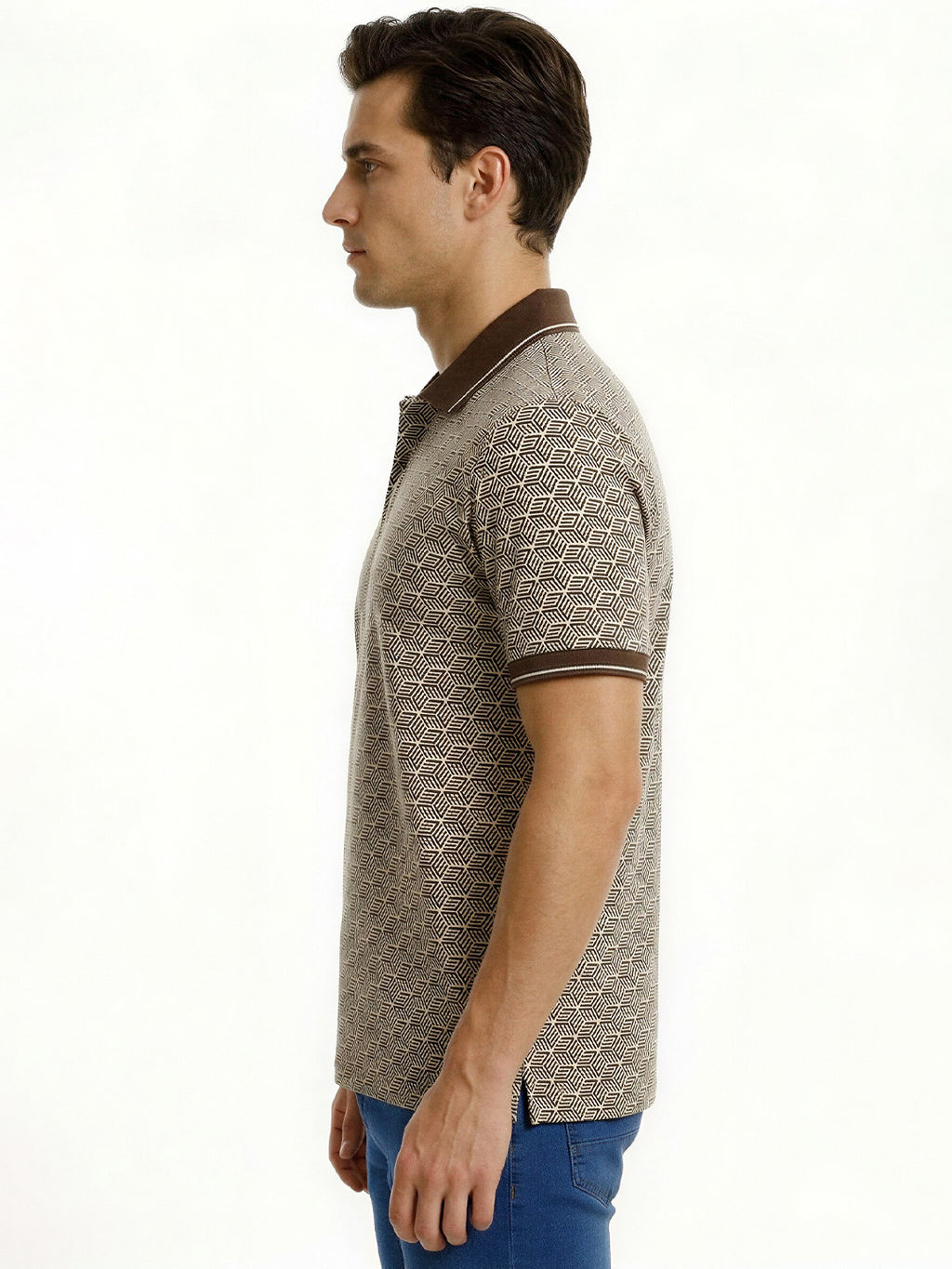 Brown Geometric Print Polo with Pocket Detail