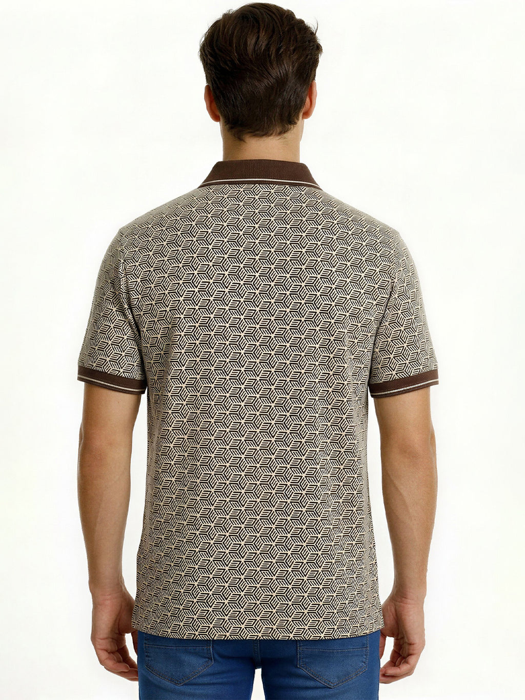 Brown Geometric Print Polo with Pocket Detail