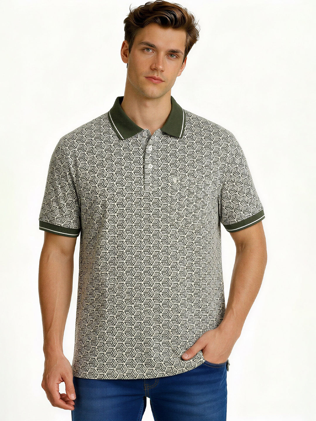 Olive Geometric Print Polo with Pocket Detail Secondary image