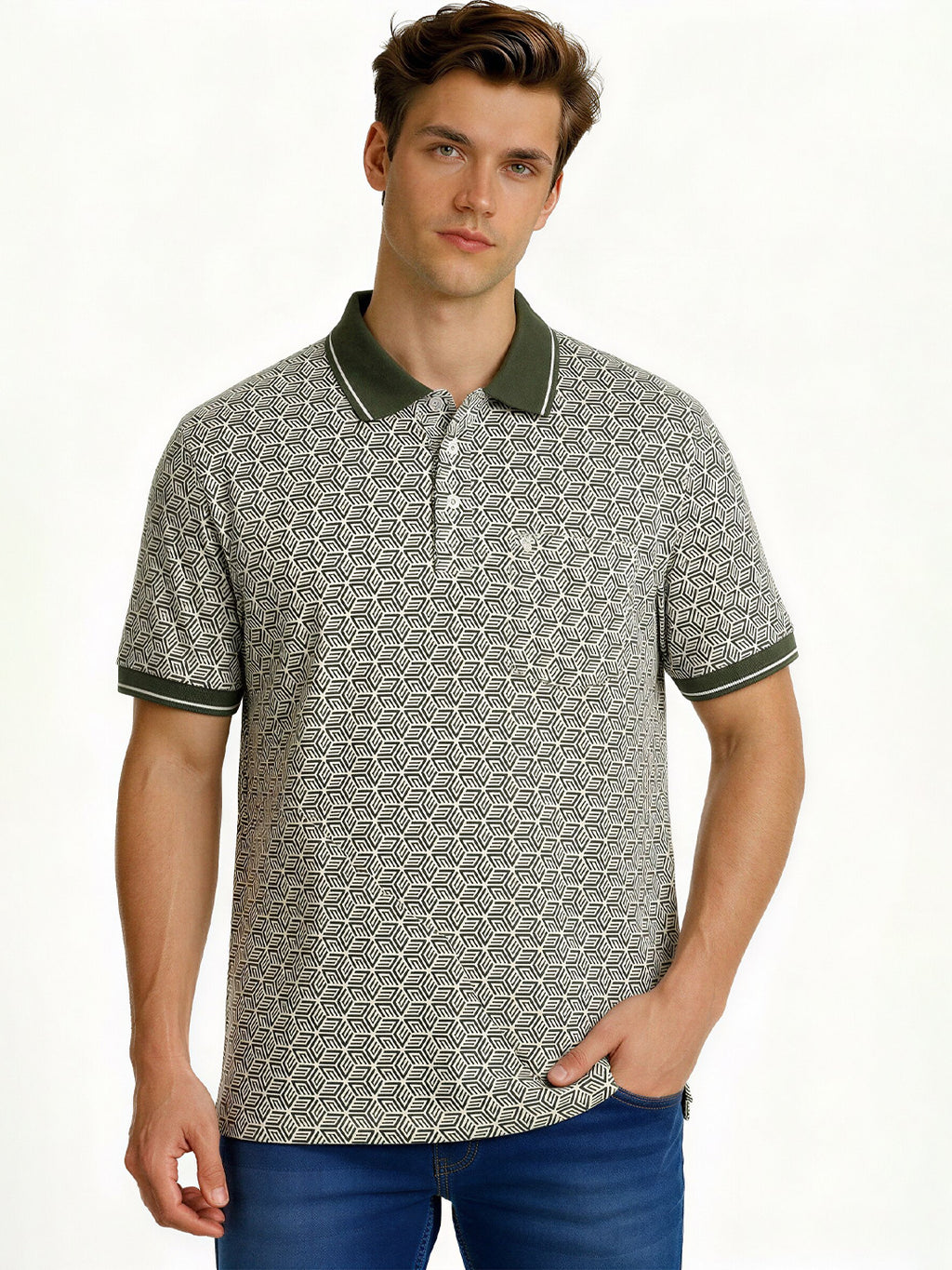 Olive Geometric Print Polo with Pocket Detail