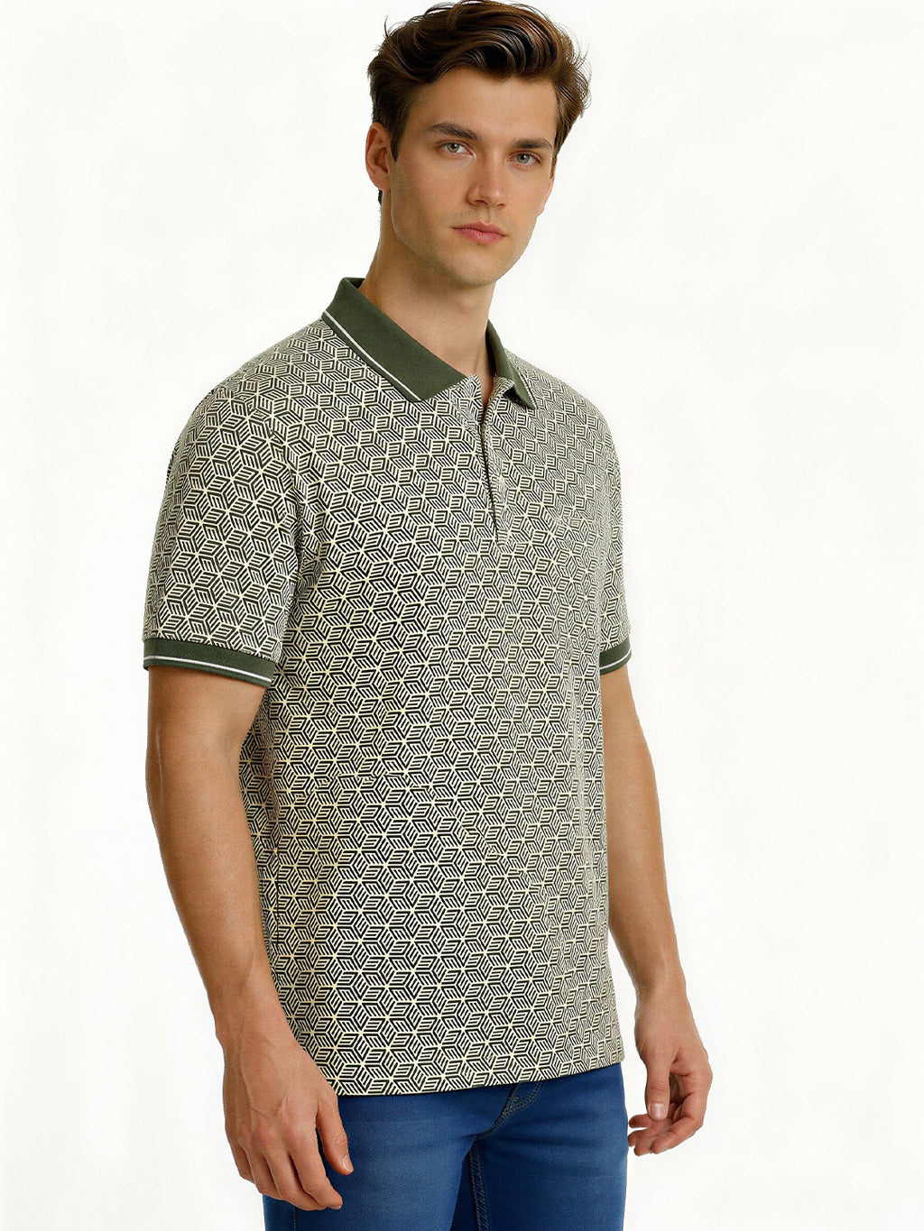 Olive Geometric Print Polo with Pocket Detail