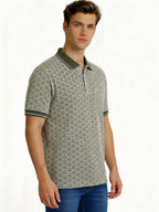 Olive Geometric Print Polo with Pocket Detail