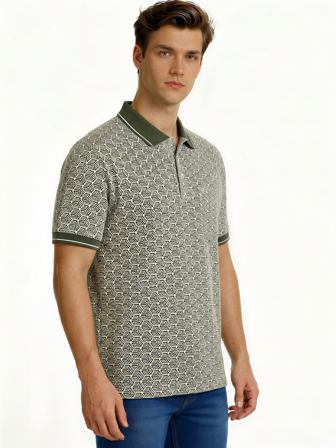 Olive Geometric Print Polo with Pocket Detail