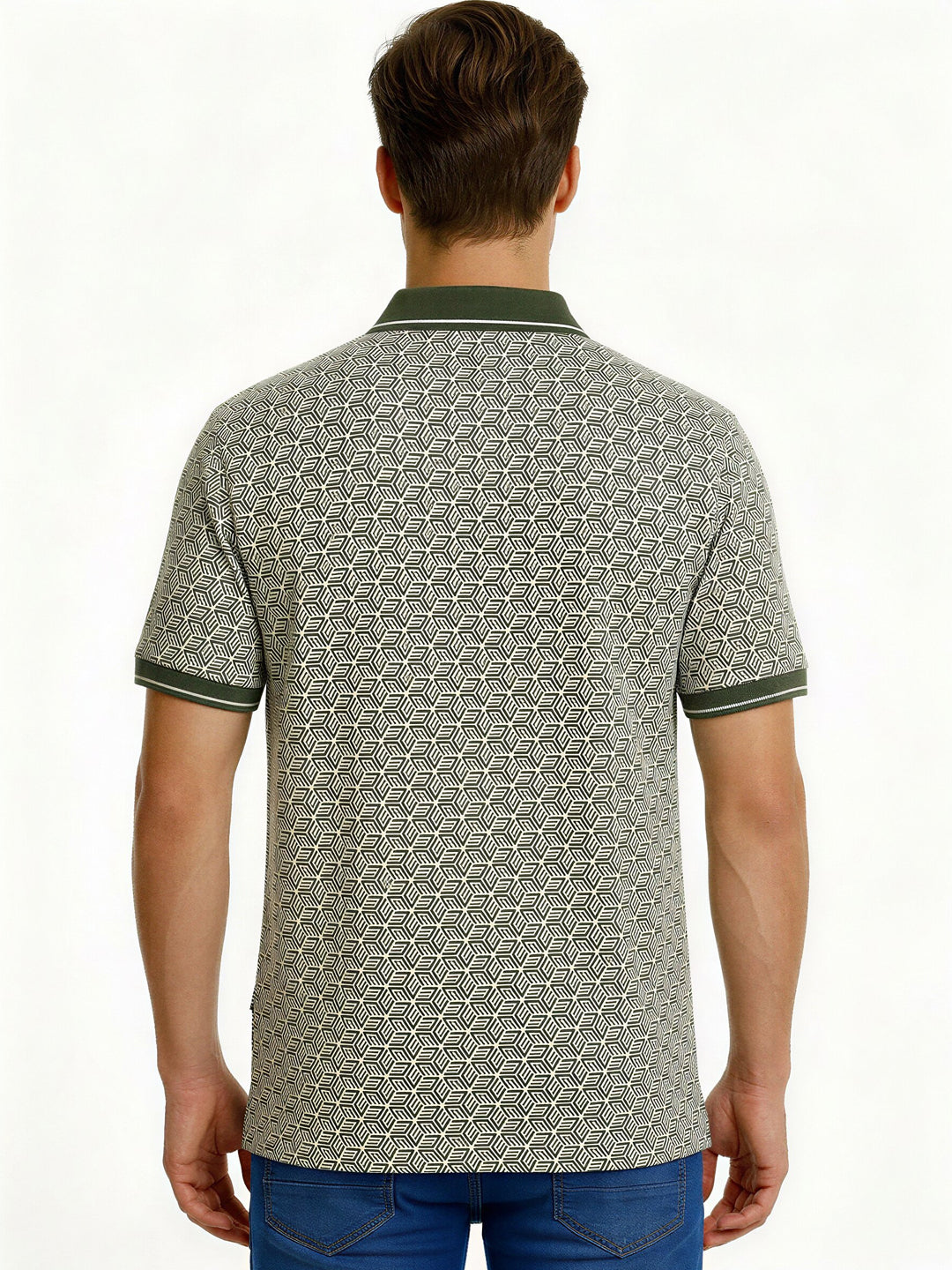 Olive Geometric Print Polo with Pocket Detail