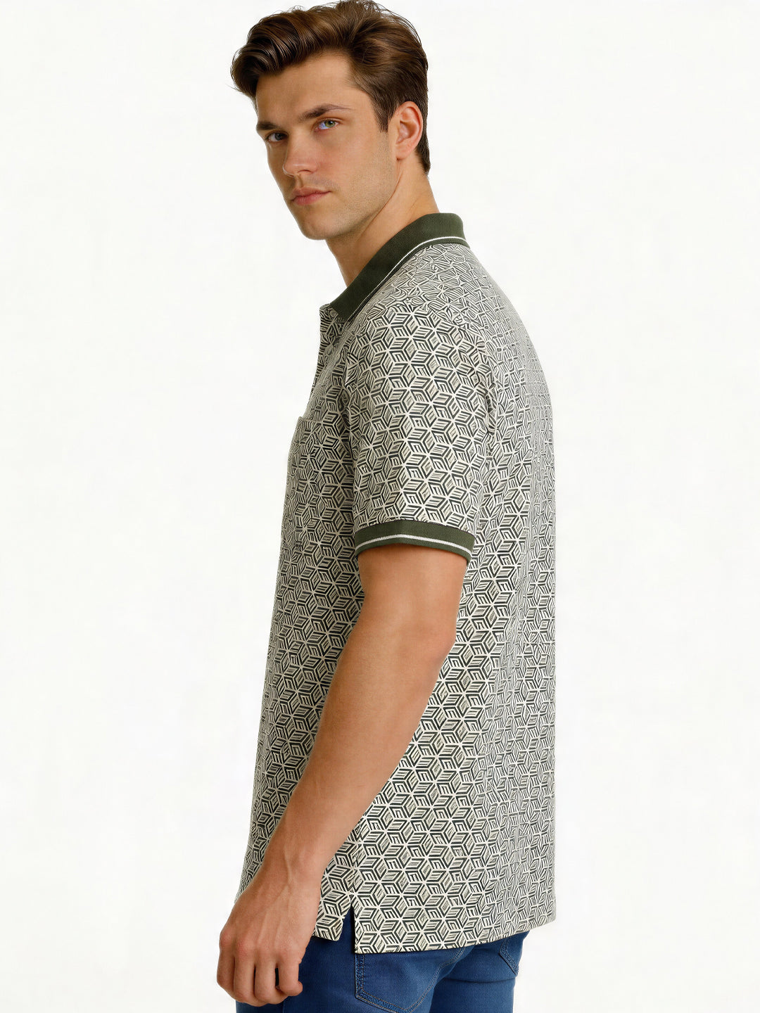 Olive Geometric Print Polo with Pocket Detail