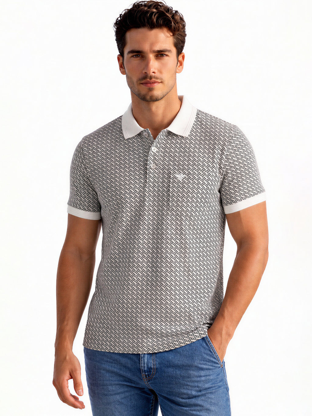 White Geometric Print Polo T-shirt