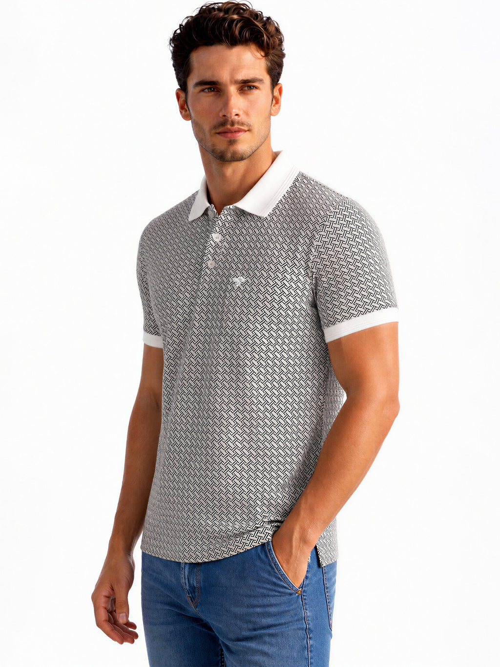 White Geometric Print Polo T-shirt