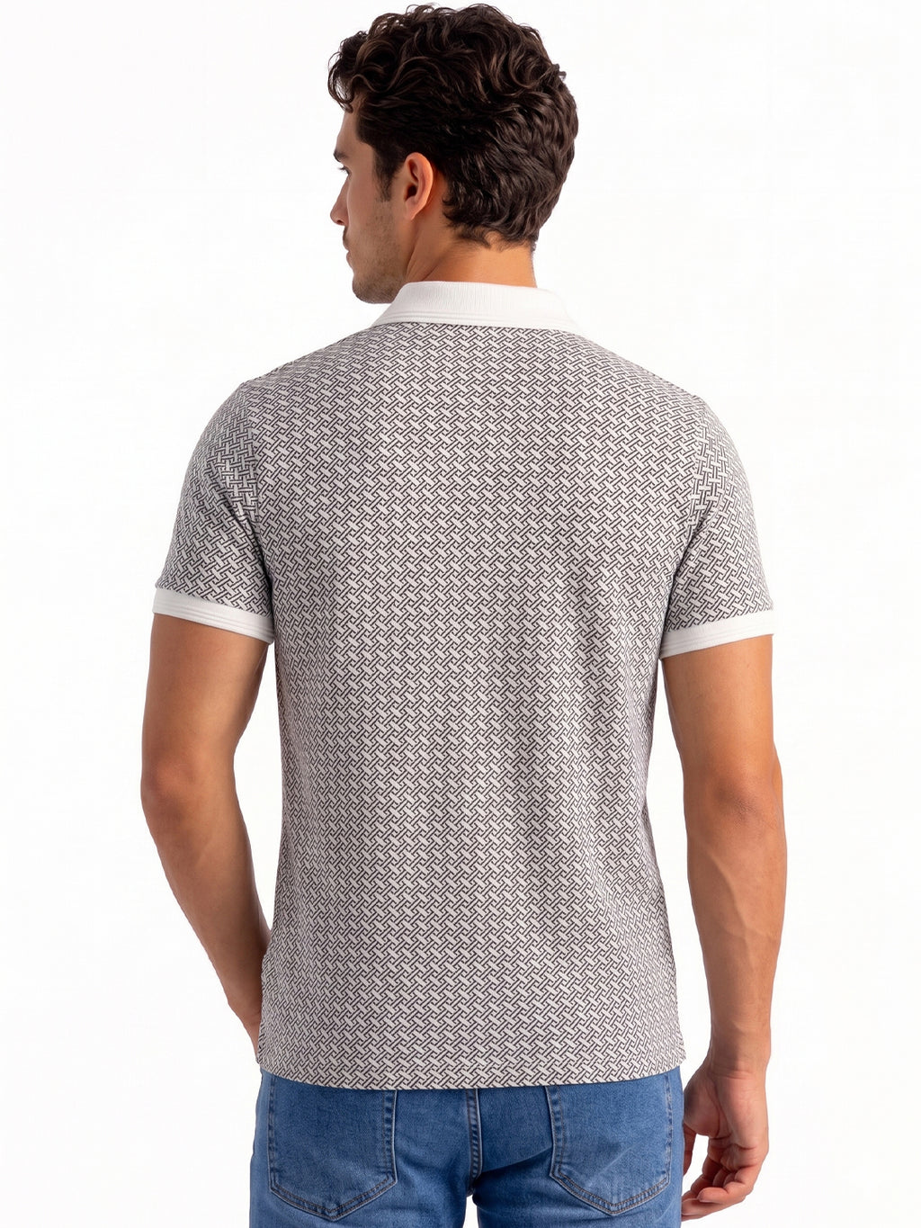 White Geometric Print Polo T-shirt