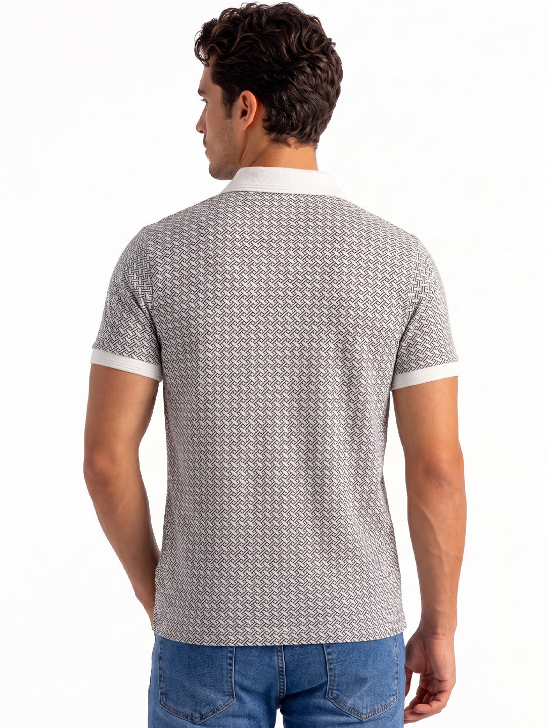 White Geometric Print Polo T-shirt