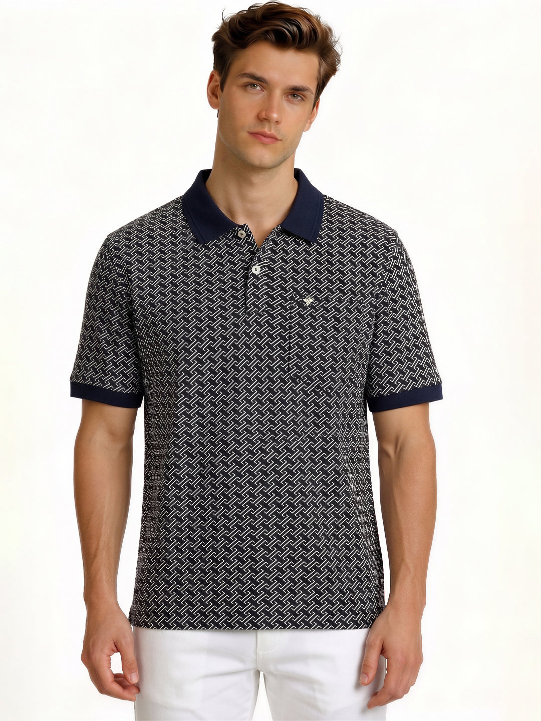 Navy Geometric Print Polo T-shirt