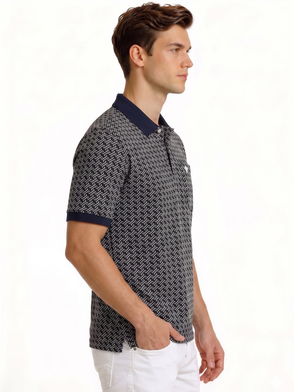 Navy Geometric Print Polo T-shirt