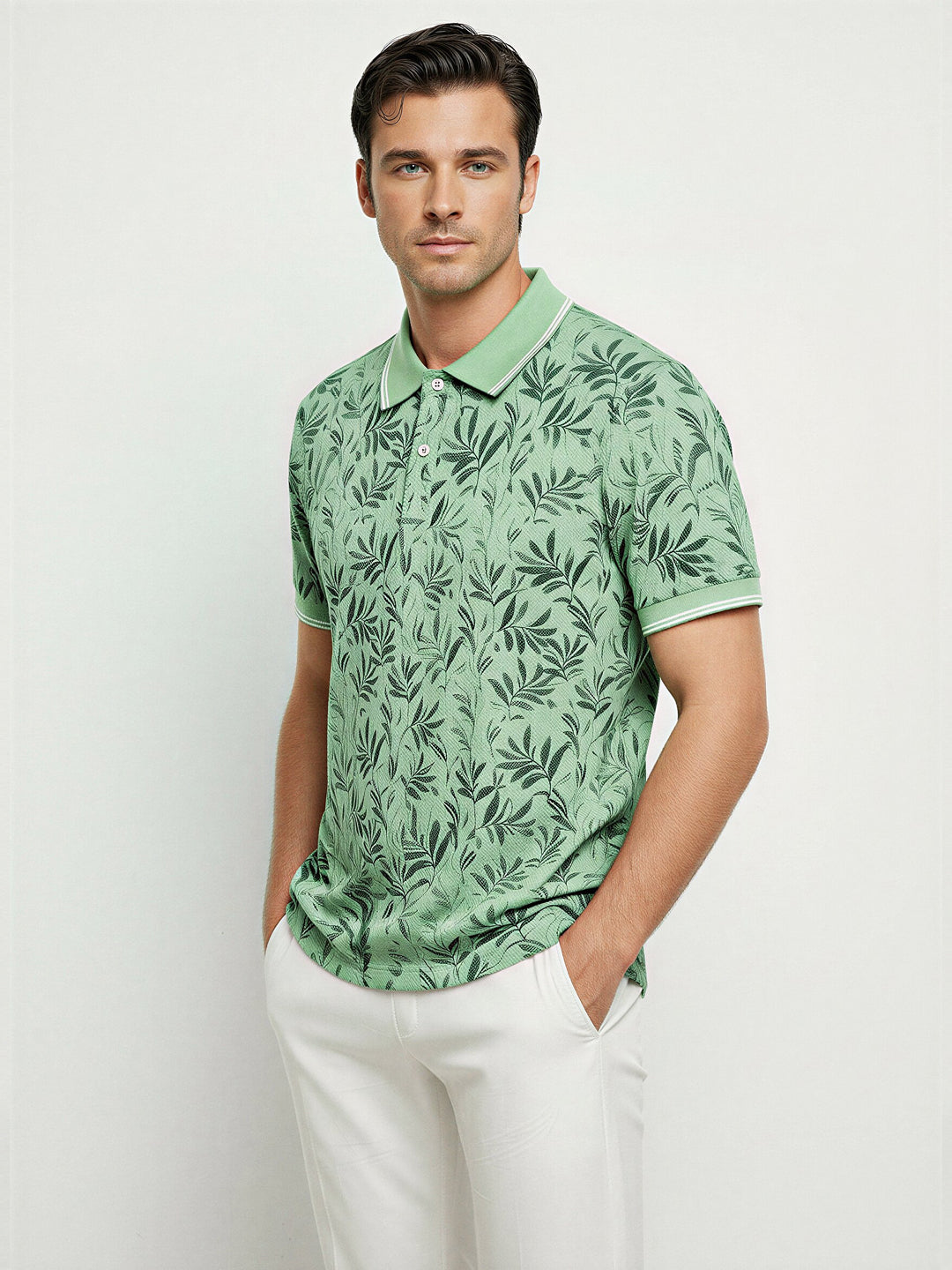 Sage Green Tropical Print Polo