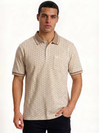 Khaki Micro-Pattern Polo with Contrast Collar