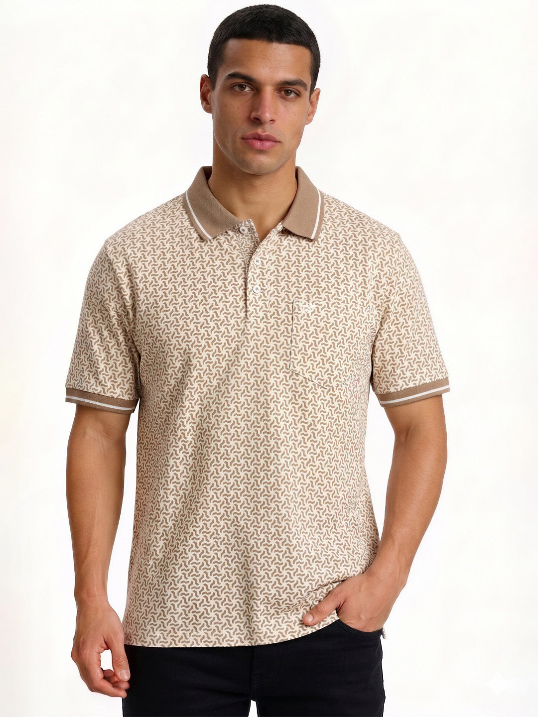 Khaki Micro-Pattern Polo with Contrast Collar