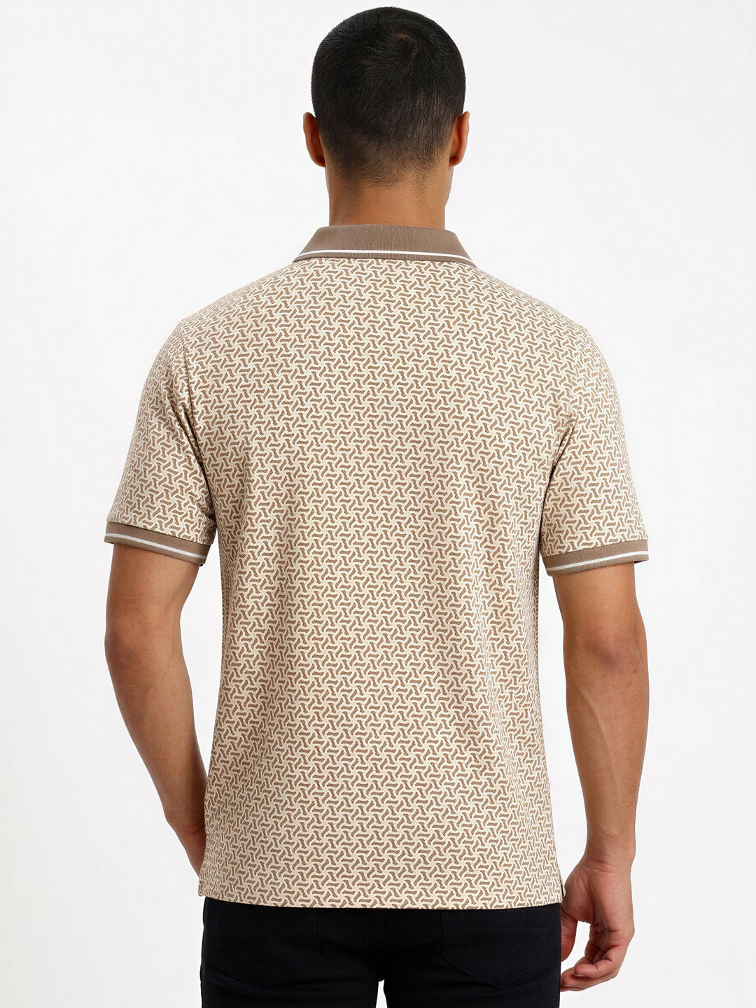 Khaki Micro-Pattern Polo with Contrast Collar