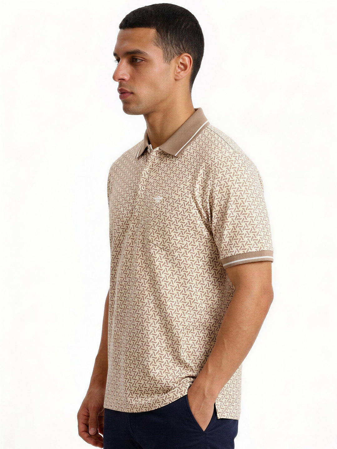 Khaki Micro-Pattern Polo with Contrast Collar