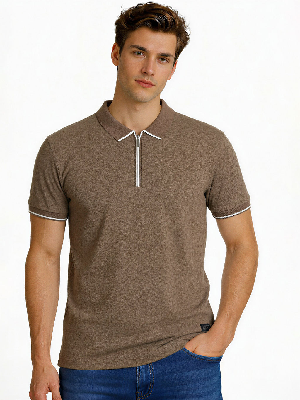 Textured Zip-Neck Polo T-Shirt