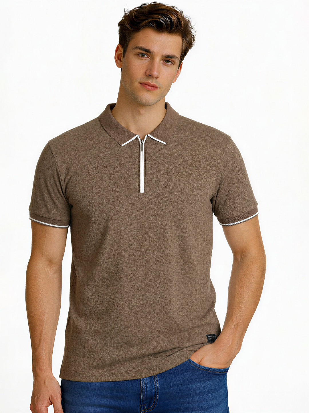 Textured Zip-Neck Polo T-Shirt