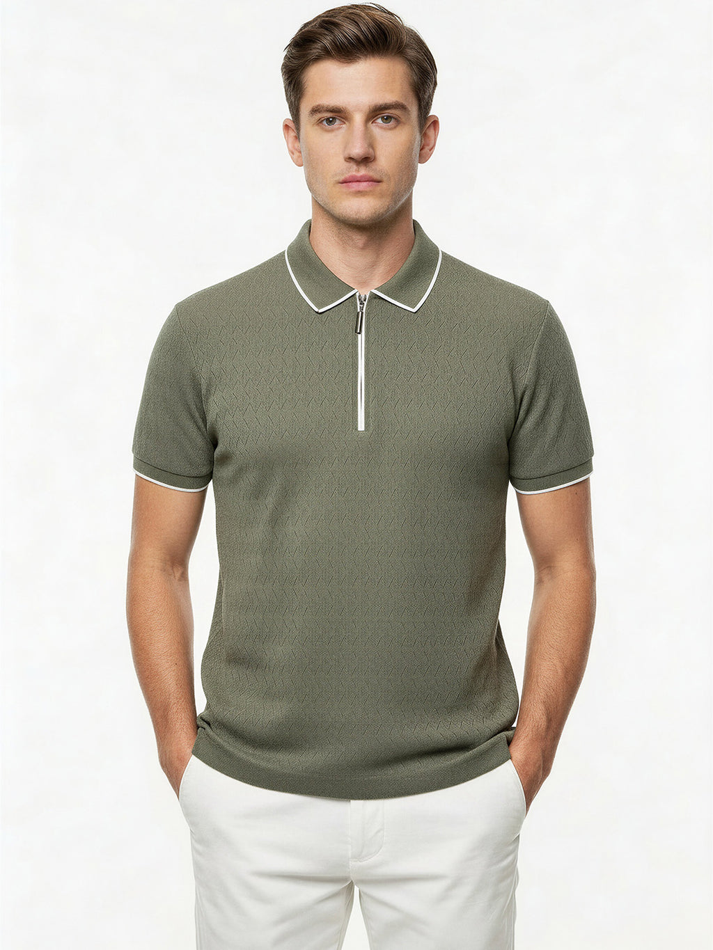 Olive Textured Zip Polo