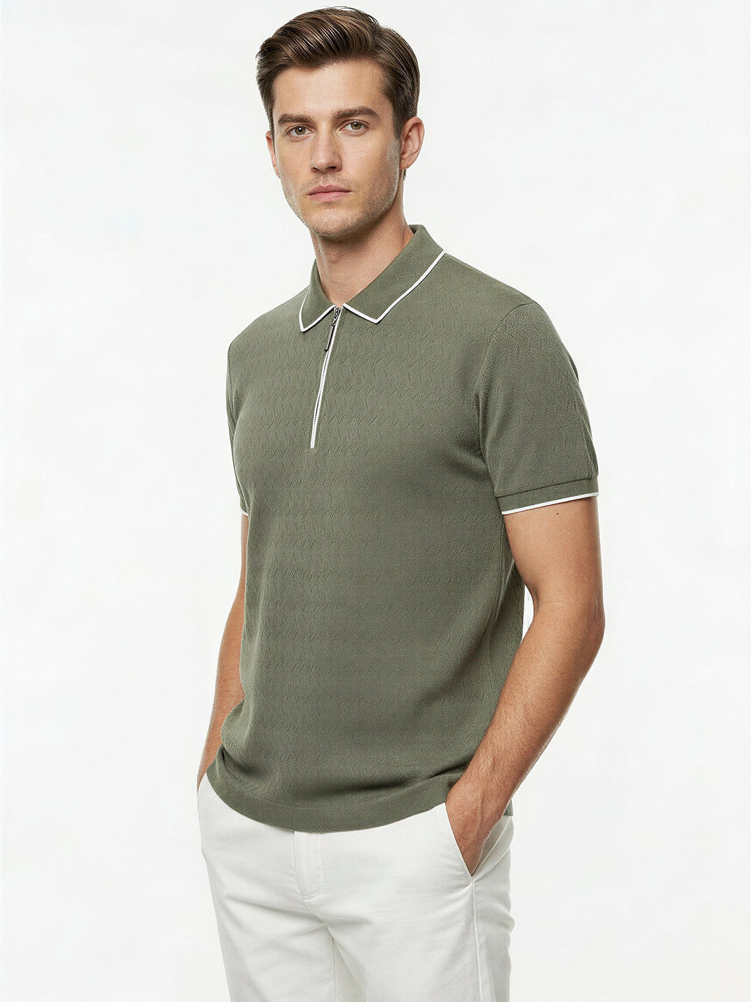 Olive Textured Zip Polo