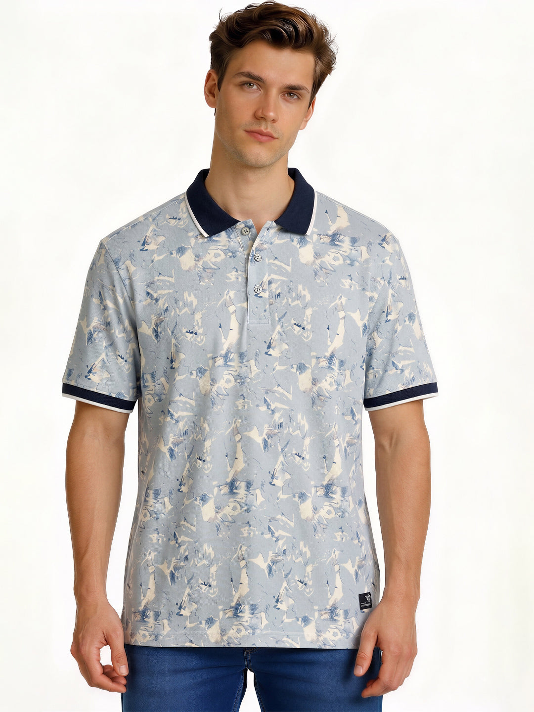 Sky Blue Abstract Print Polo T-Shirt