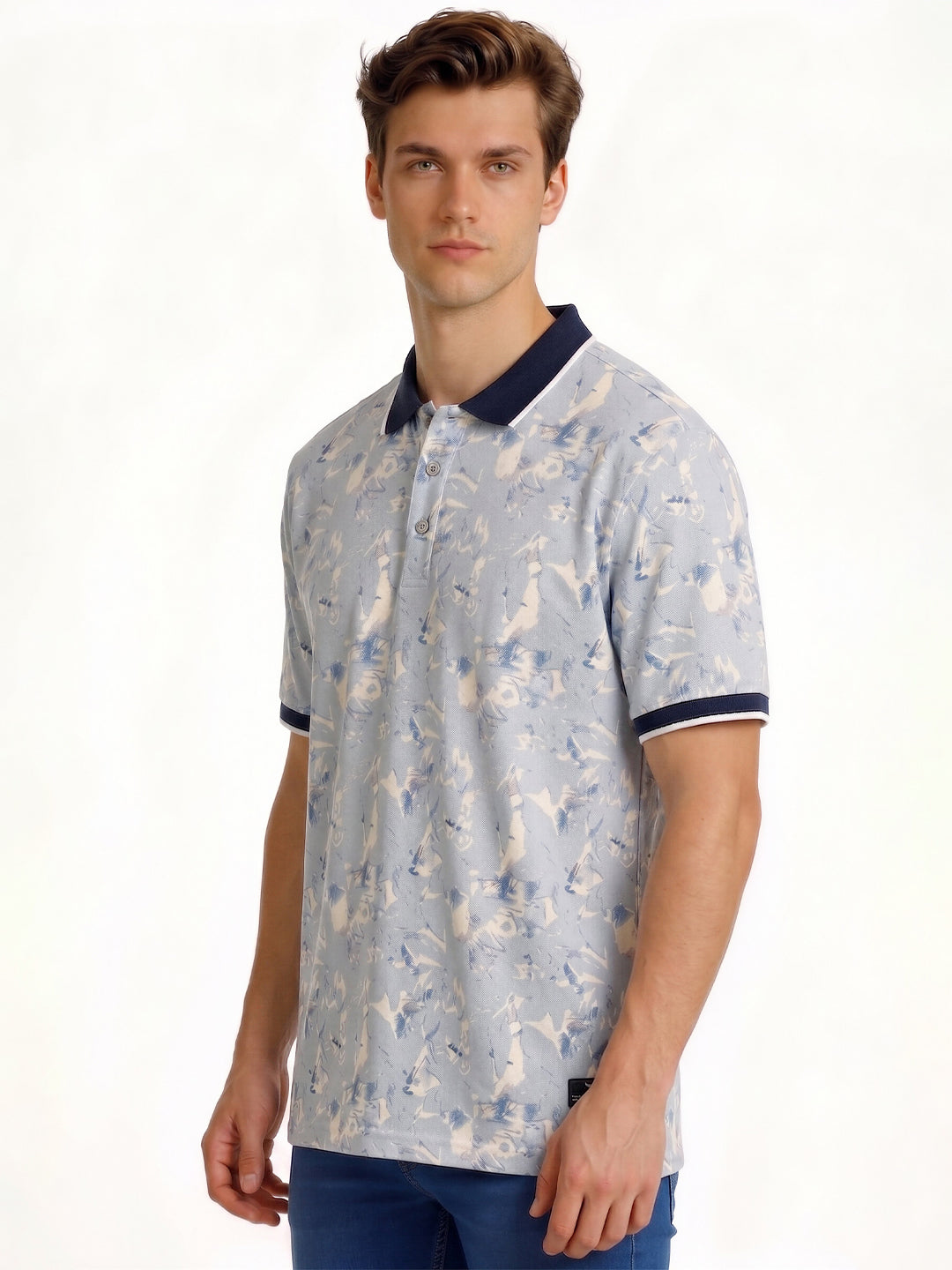 Sky Blue Abstract Print Polo T-Shirt