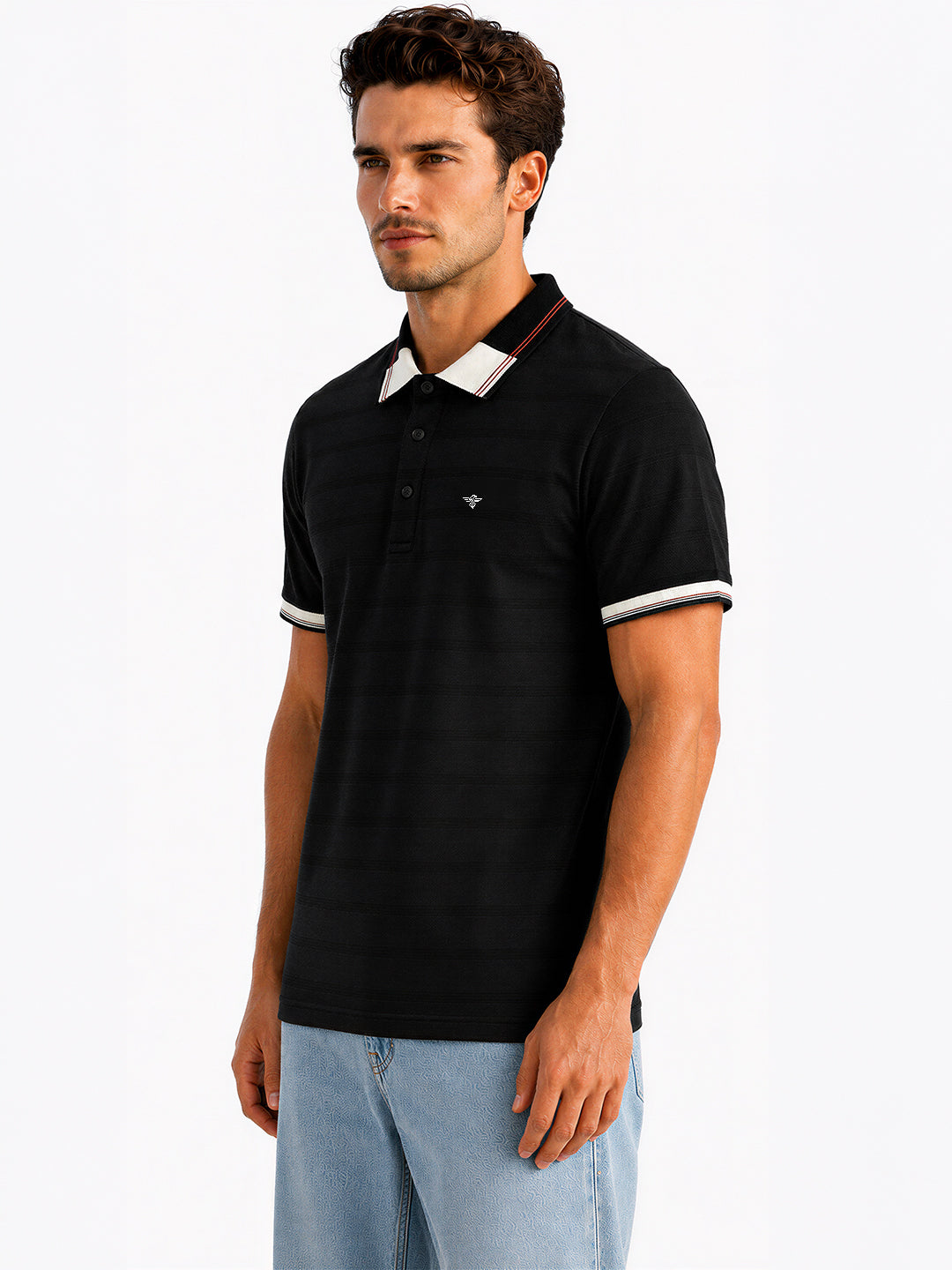 Textured Contrast Tipped Polo T-shirt