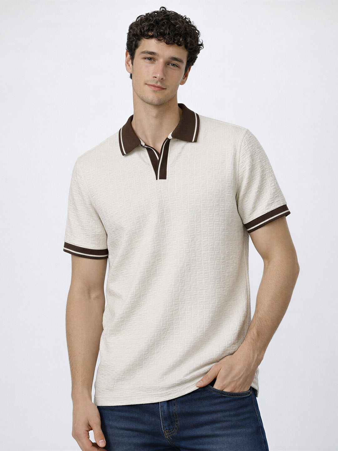 Textured Natural Polo with Contrast Collar