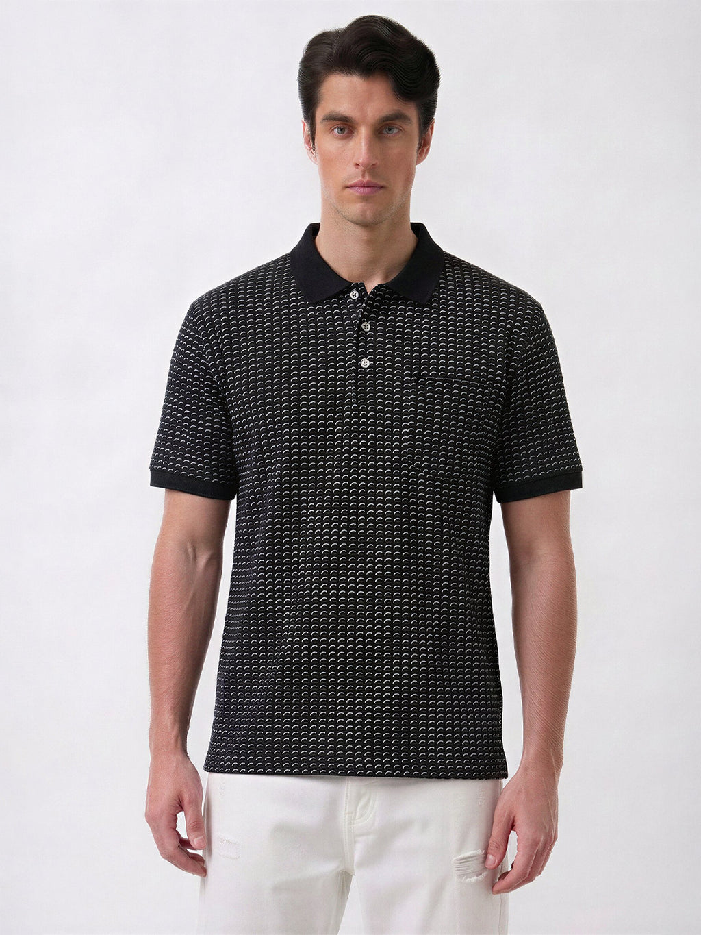 Black Micro-Print Polo with Classic Contrast Finish