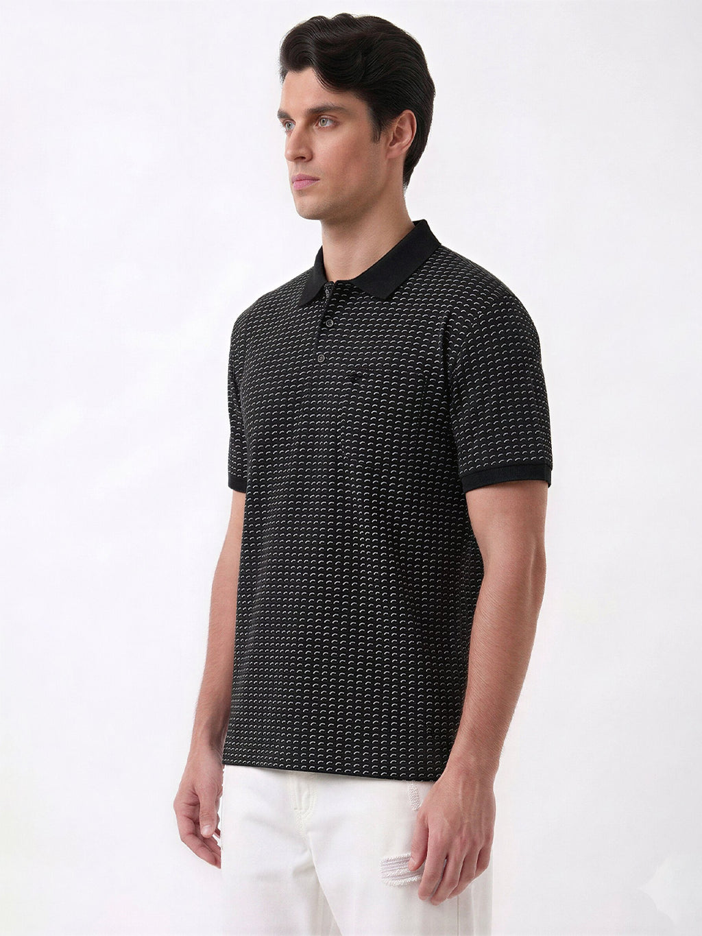 Black Micro-Print Polo with Classic Contrast Finish