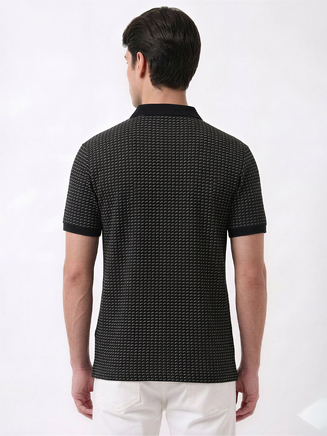 Black Micro-Print Polo with Classic Contrast Finish