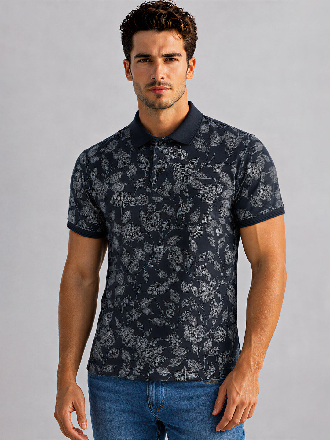 Navy Floral Print Polo T-shirt