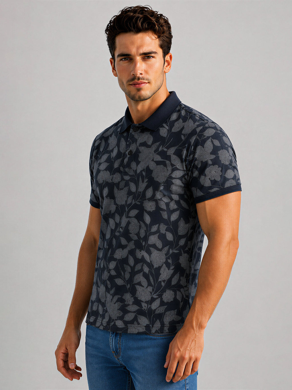 Navy Floral Print Polo T-shirt