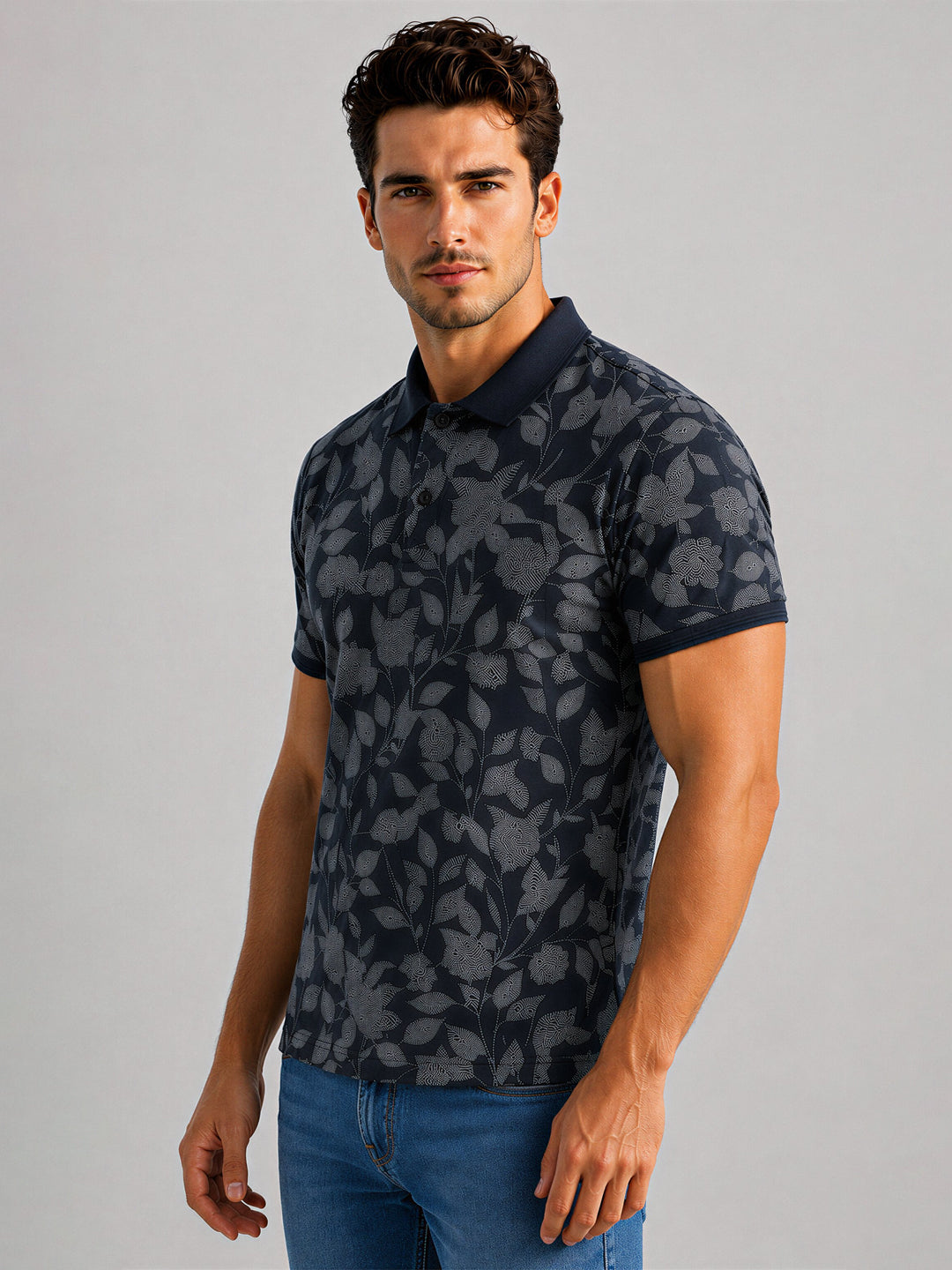 Navy Floral Print Polo T-shirt