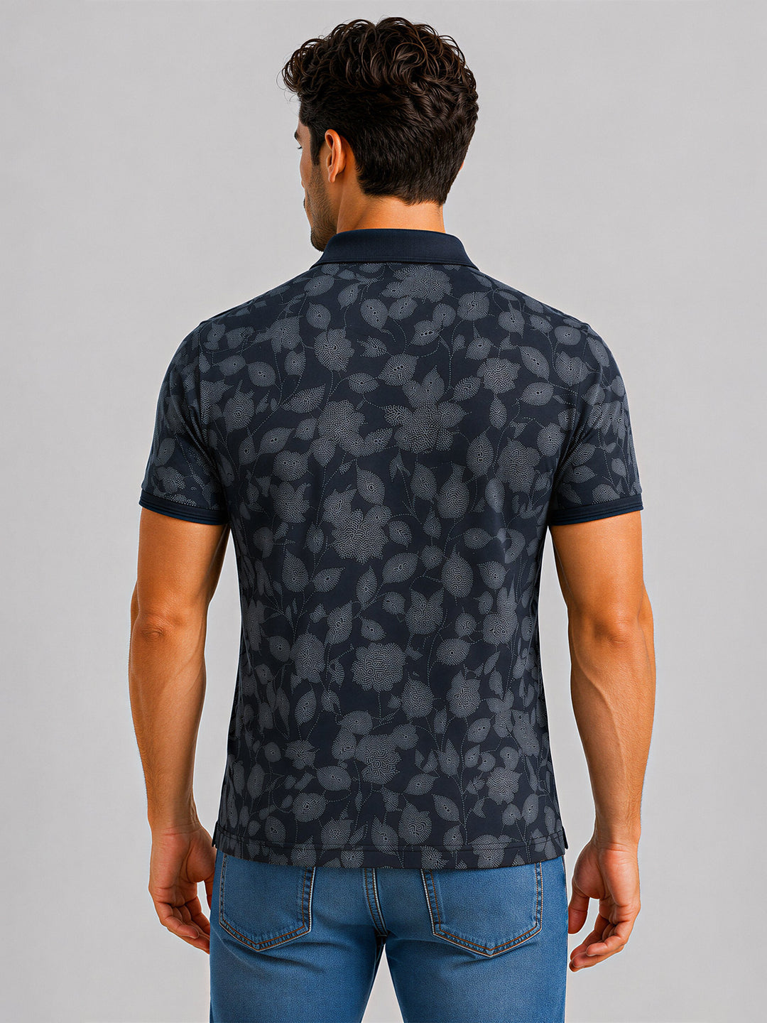 Navy Floral Print Polo T-shirt