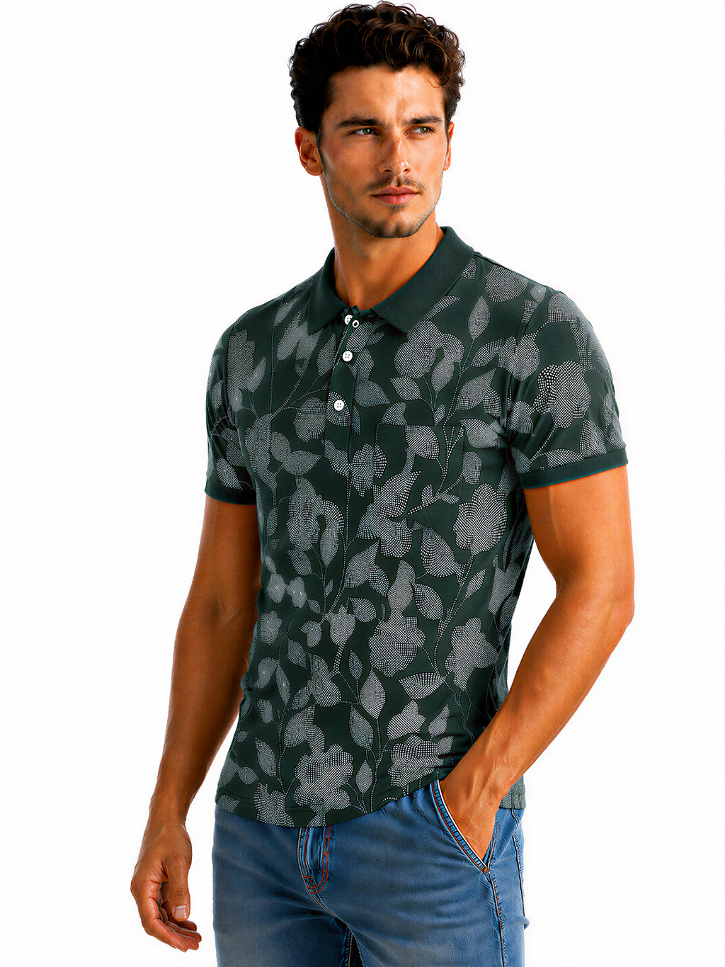 Bottle Green Floral Print Polo T-shirt