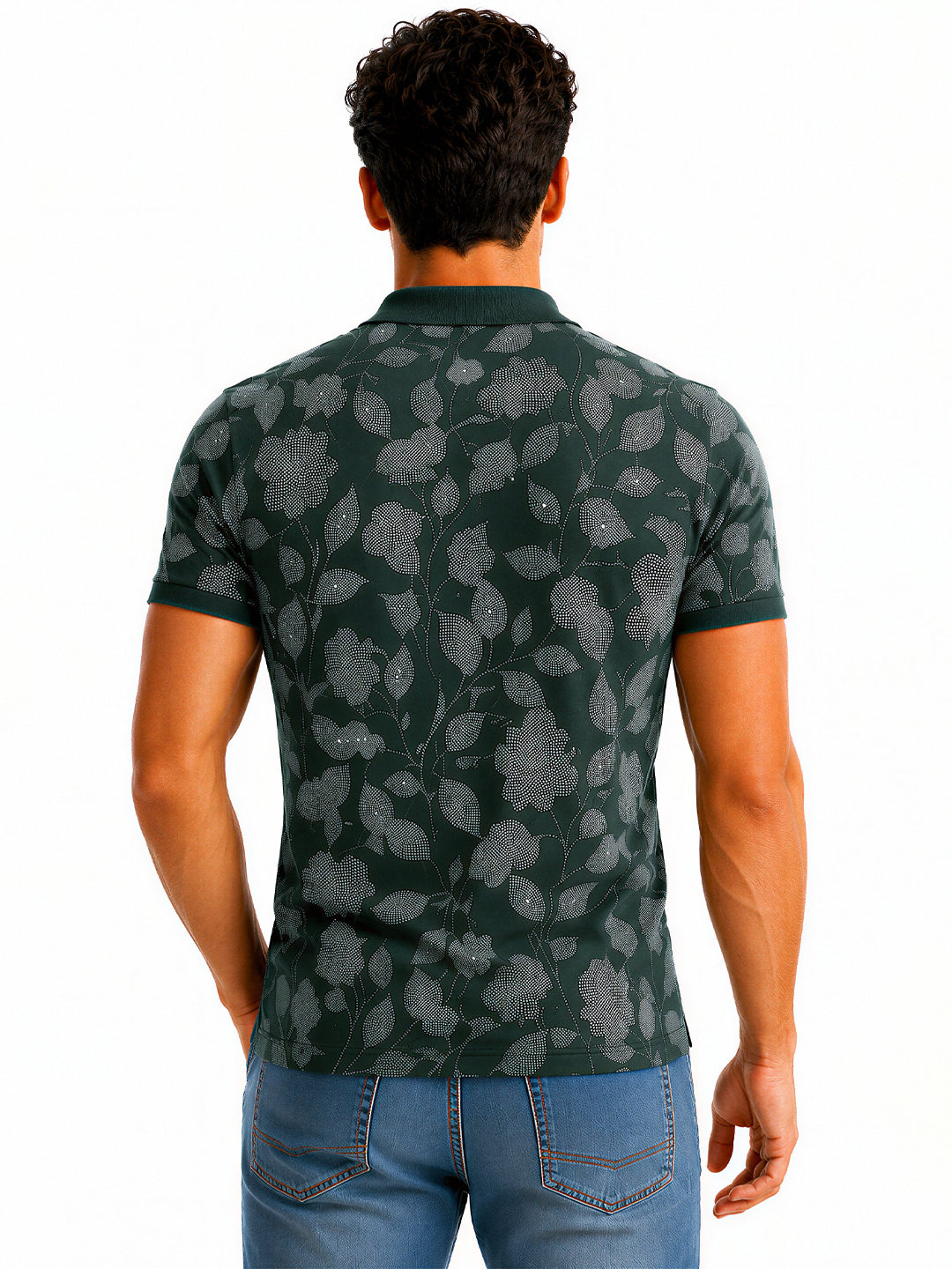 Bottle Green Floral Print Polo T-shirt