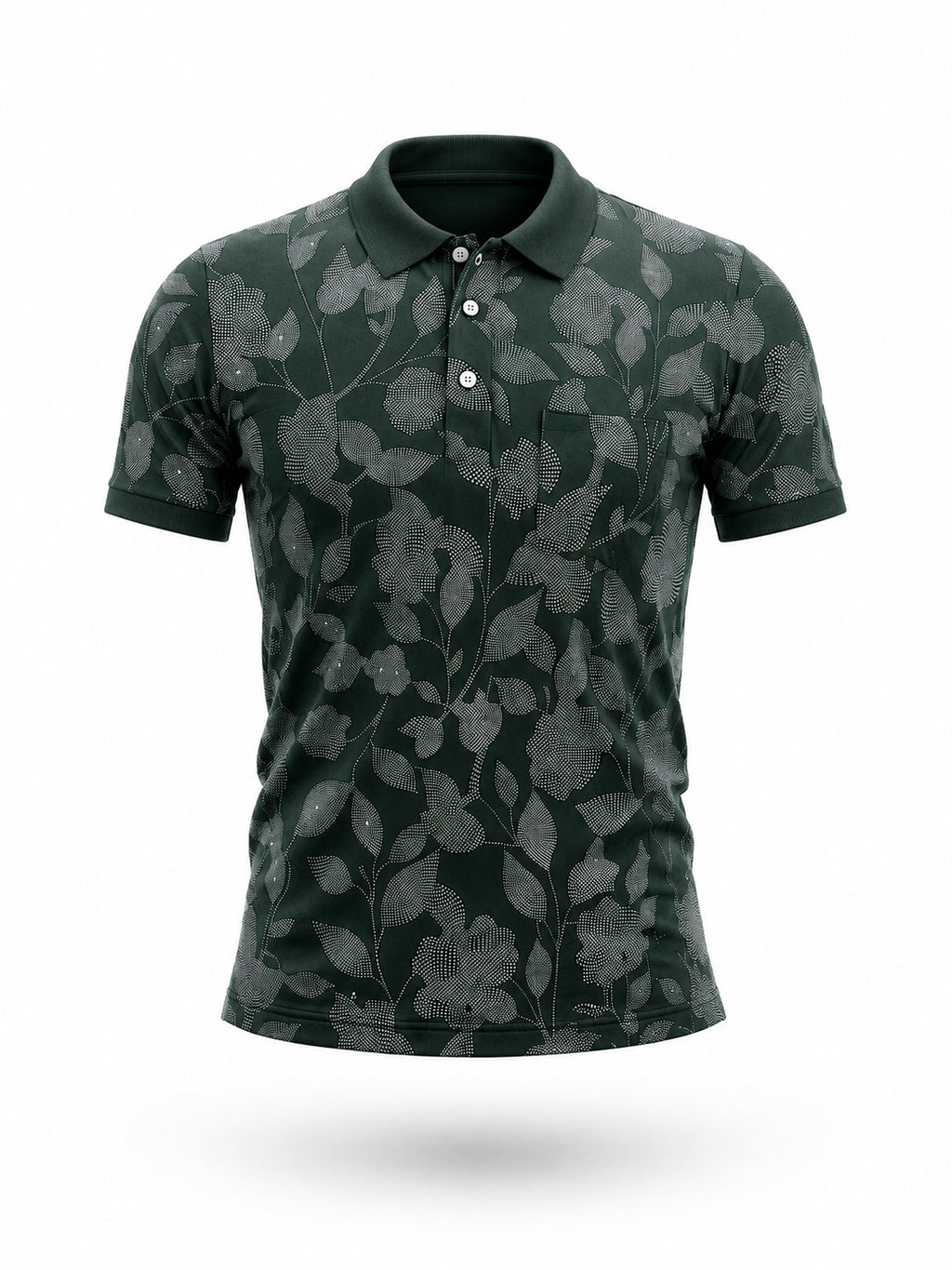 Bottle Green Floral Print Polo T-shirt