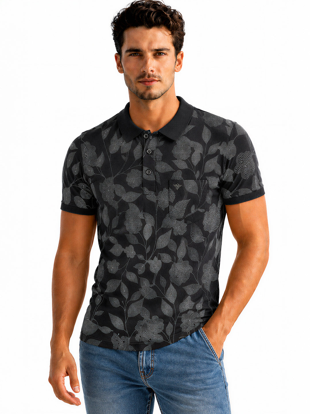Bottle Green Floral Print Polo T-shirt
