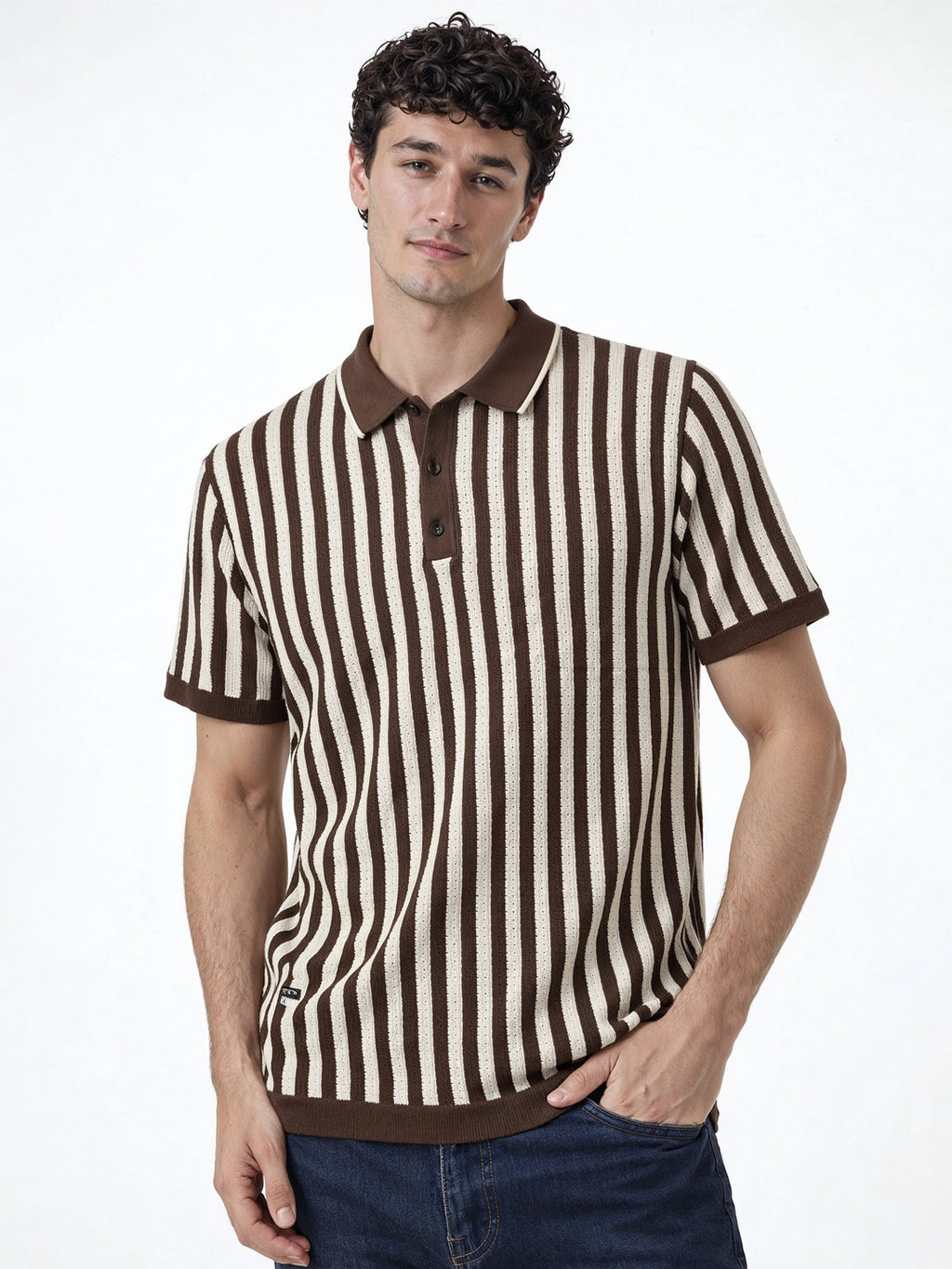 Mocha Sand Stripe Knit Polo