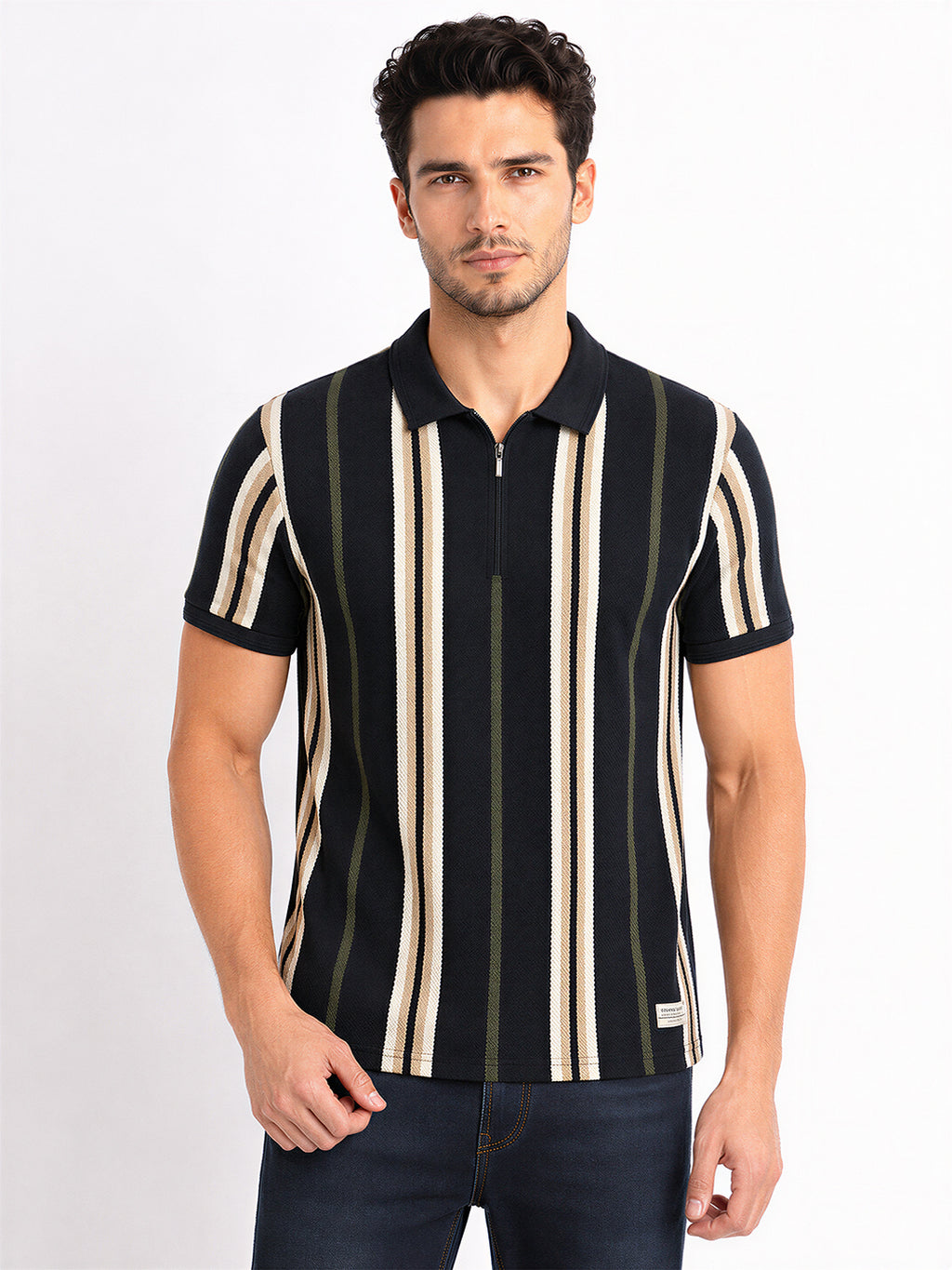 Men's Black Striped Cotton Blend Regular Fit Polo T-Shirt