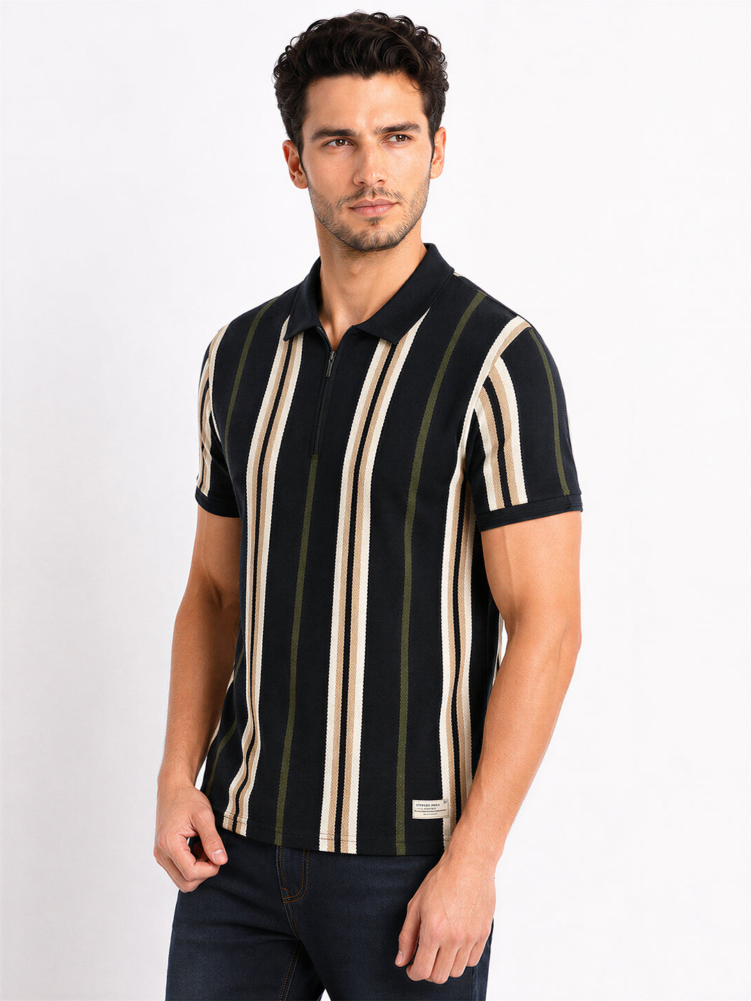 Men's Black Striped Cotton Blend Regular Fit Polo T-Shirt