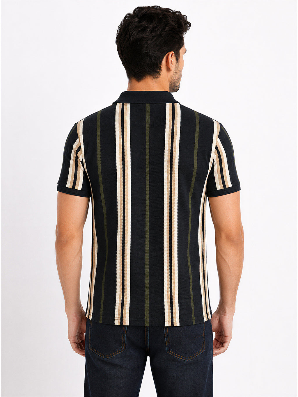 Men's Black Striped Cotton Blend Regular Fit Polo T-Shirt